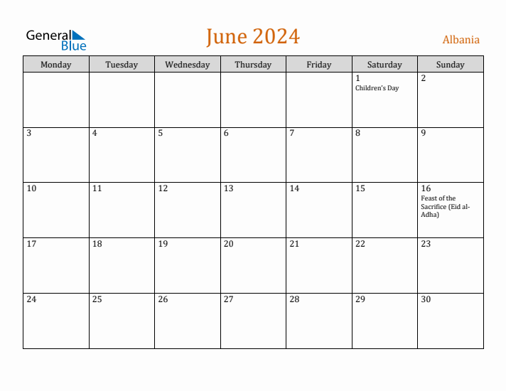 June 2024 Holiday Calendar with Monday Start