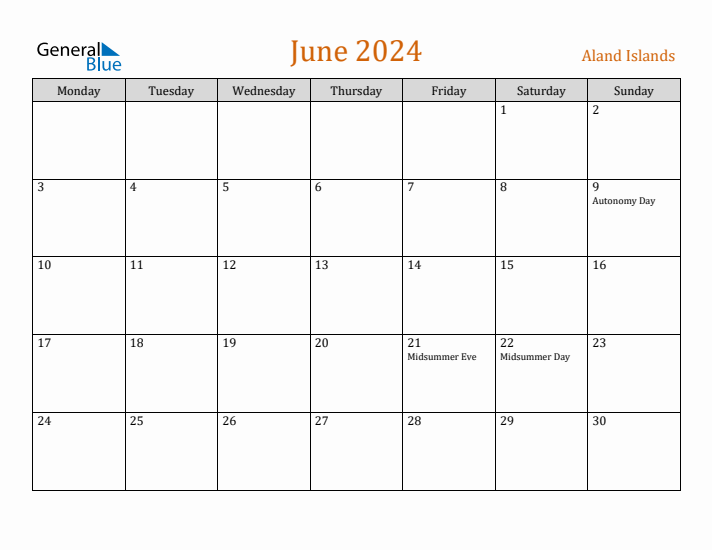 June 2024 Holiday Calendar with Monday Start