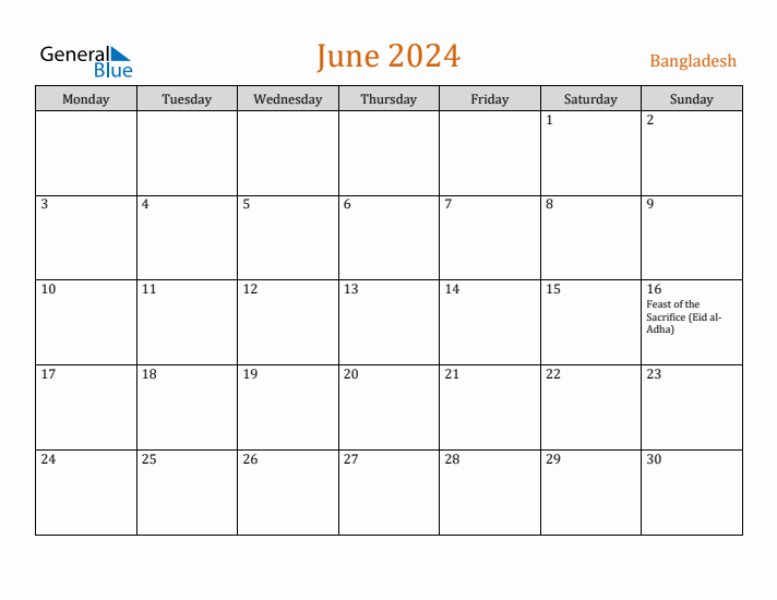 June 2024 Holiday Calendar with Monday Start