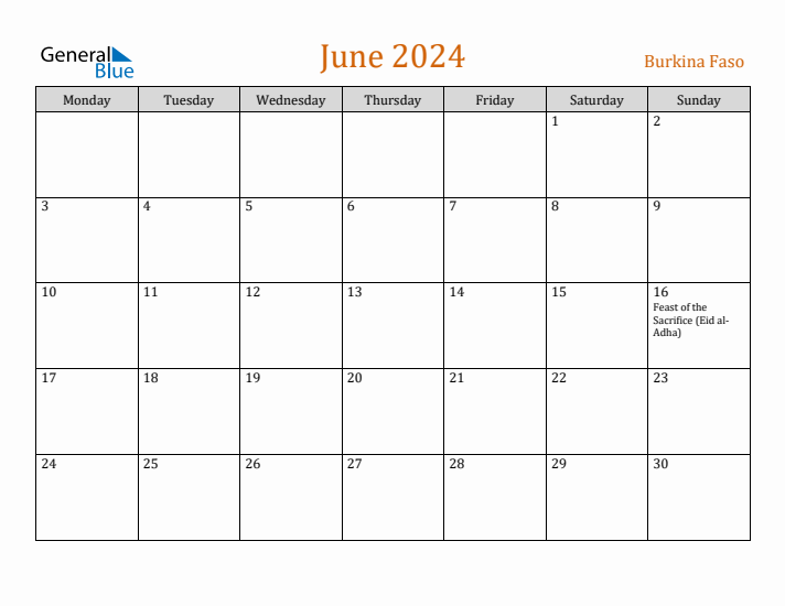 June 2024 Holiday Calendar with Monday Start