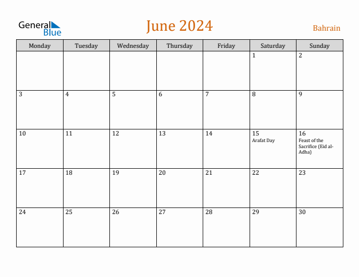 June 2024 Holiday Calendar with Monday Start