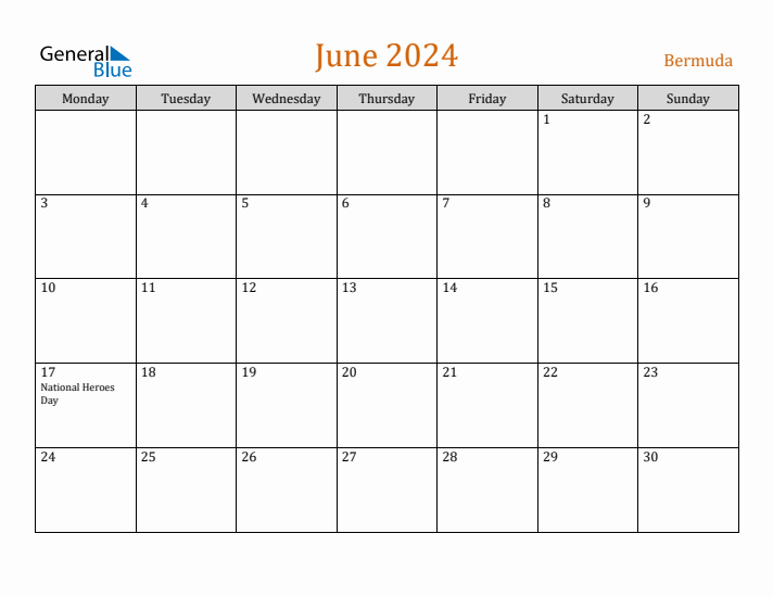 June 2024 Holiday Calendar with Monday Start