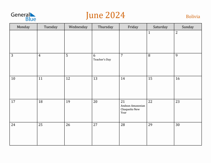 June 2024 Holiday Calendar with Monday Start