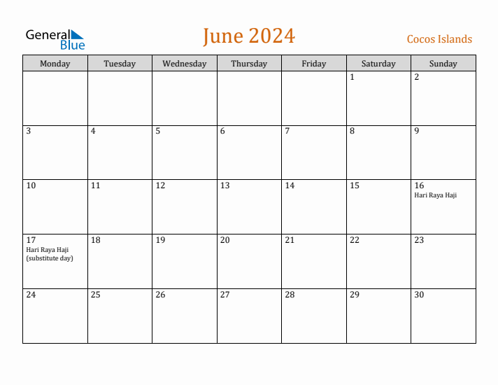 June 2024 Holiday Calendar with Monday Start