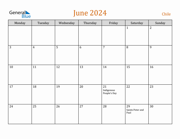 June 2024 Holiday Calendar with Monday Start