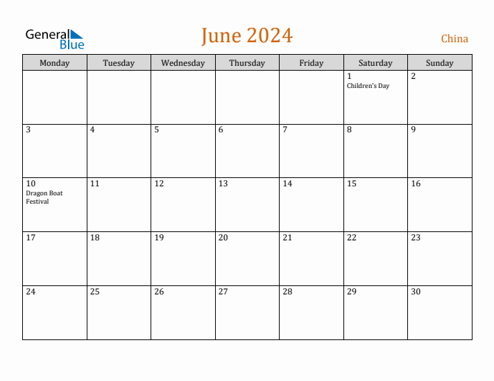 June 2024 Holiday Calendar with Monday Start