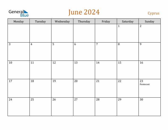 June 2024 Holiday Calendar with Monday Start