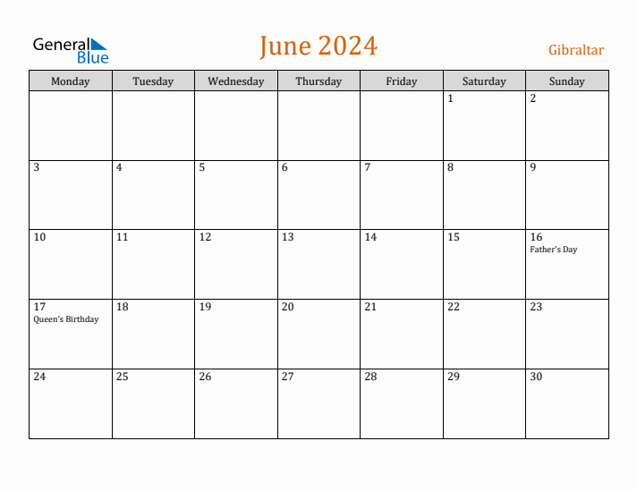 June 2024 Holiday Calendar with Monday Start