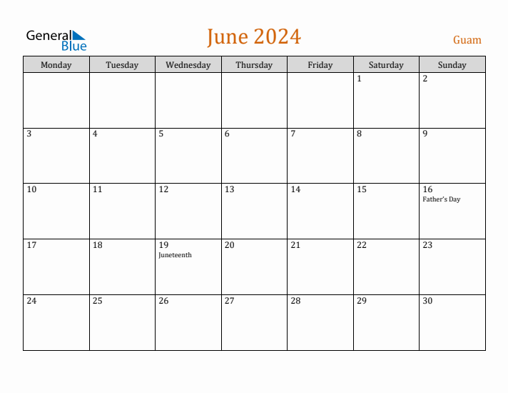 June 2024 Holiday Calendar with Monday Start