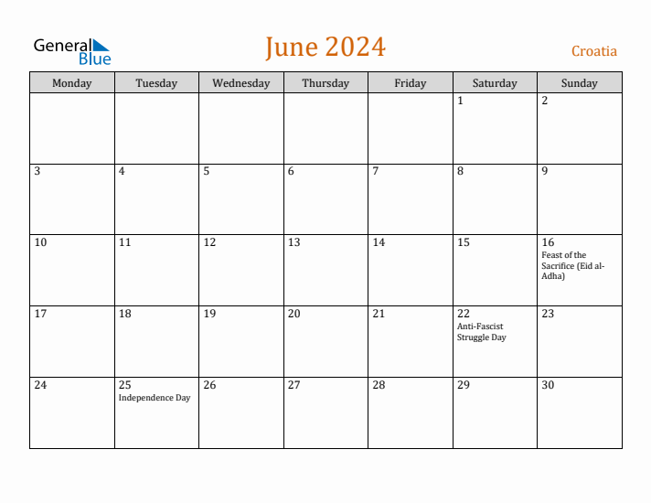 June 2024 Holiday Calendar with Monday Start