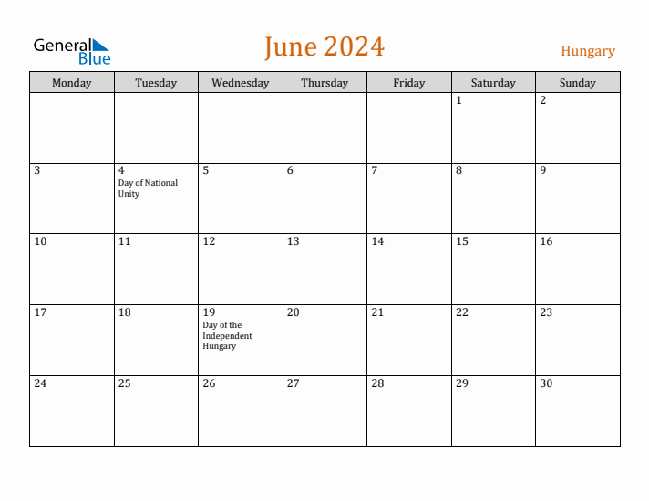 June 2024 Holiday Calendar with Monday Start