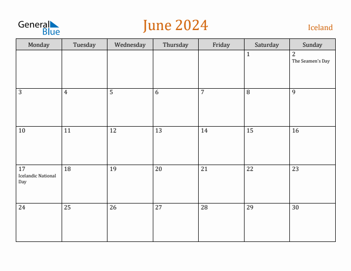 June 2024 Holiday Calendar with Monday Start