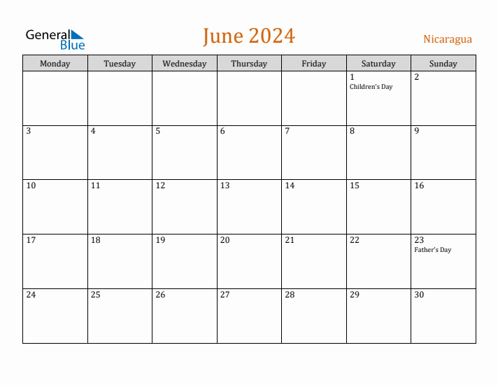 June 2024 Holiday Calendar with Monday Start