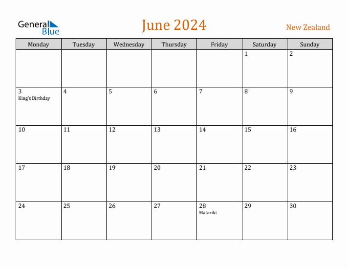 June 2024 Holiday Calendar with Monday Start