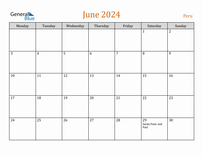 June 2024 Holiday Calendar with Monday Start