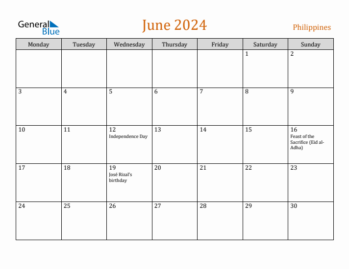 June 2024 Holiday Calendar with Monday Start