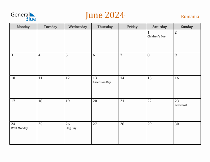 June 2024 Holiday Calendar with Monday Start