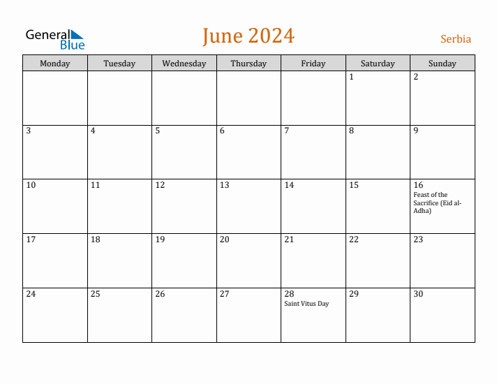 June 2024 Holiday Calendar with Monday Start