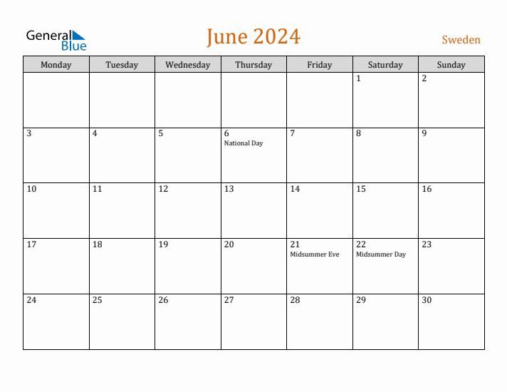 June 2024 Holiday Calendar with Monday Start