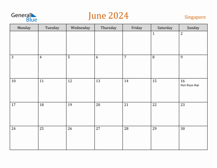 June 2024 Holiday Calendar with Monday Start