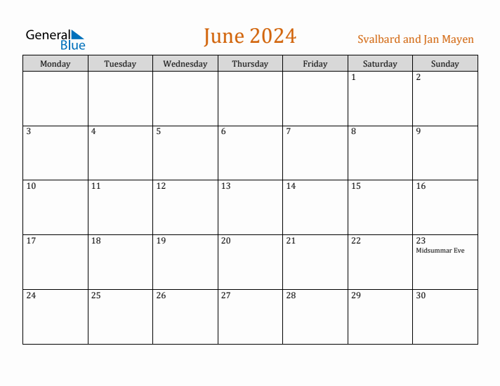 June 2024 Holiday Calendar with Monday Start