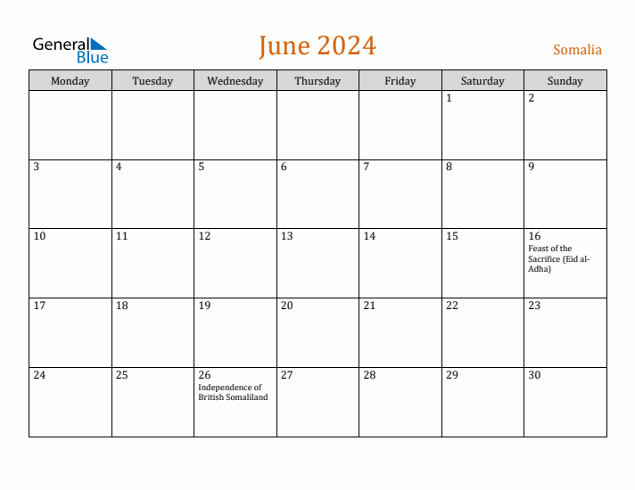 June 2024 Holiday Calendar with Monday Start