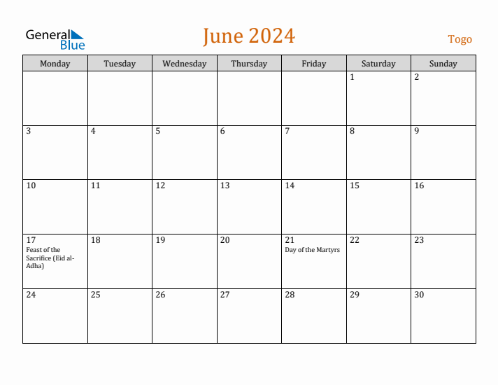 June 2024 Holiday Calendar with Monday Start