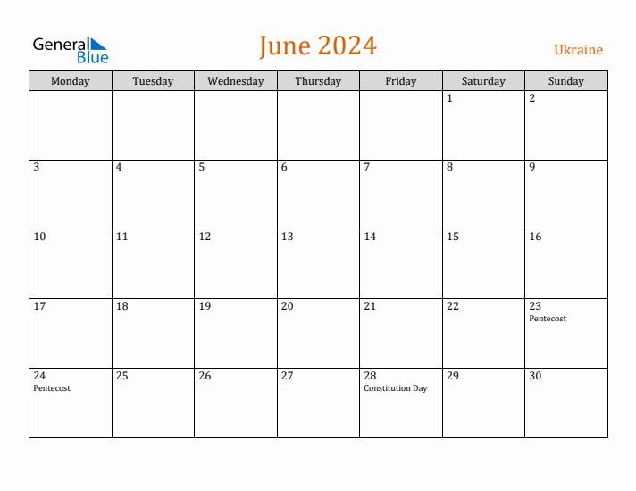 June 2024 Holiday Calendar with Monday Start