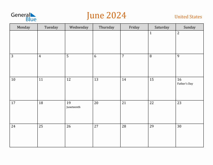 June 2024 Holiday Calendar with Monday Start