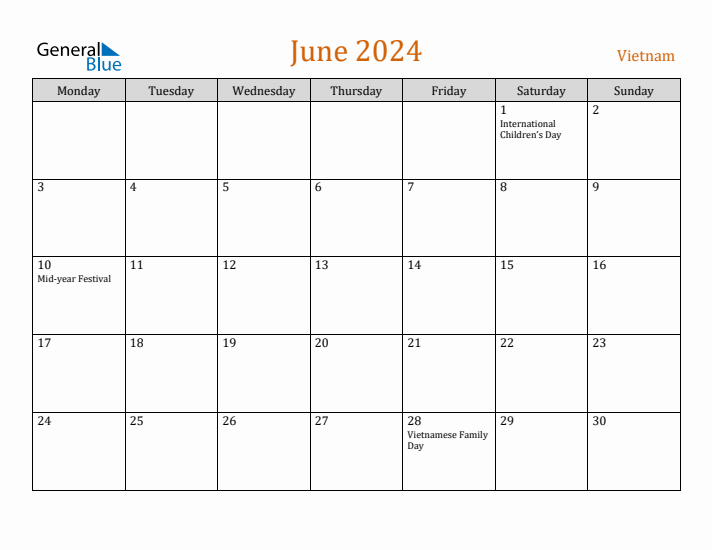 June 2024 Holiday Calendar with Monday Start