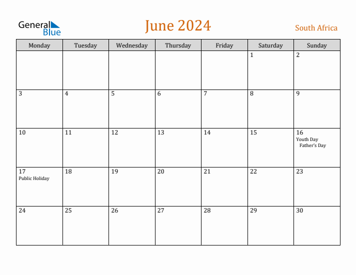 June 2024 Holiday Calendar with Monday Start