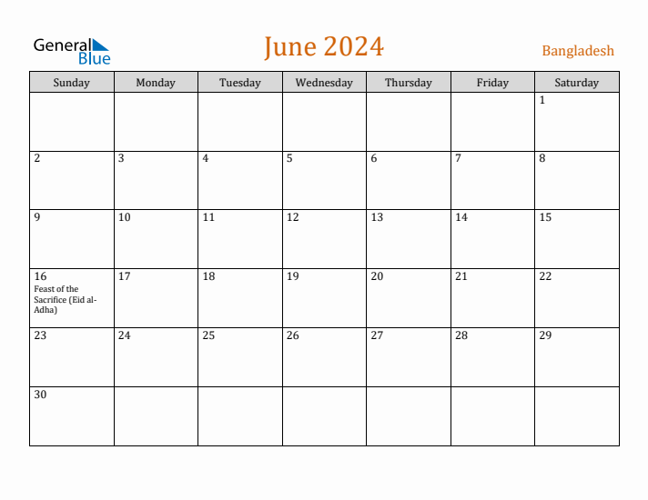 June 2024 Holiday Calendar with Sunday Start