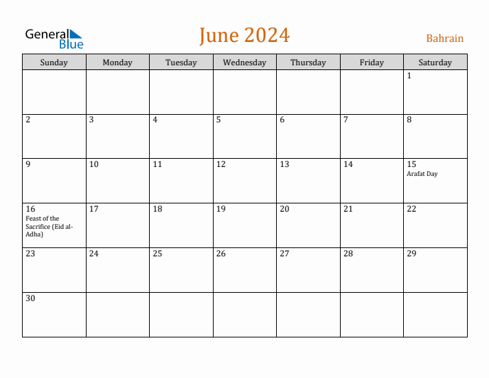 June 2024 Holiday Calendar with Sunday Start