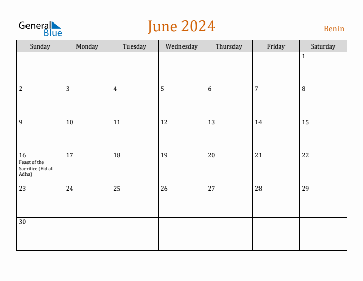 June 2024 Holiday Calendar with Sunday Start