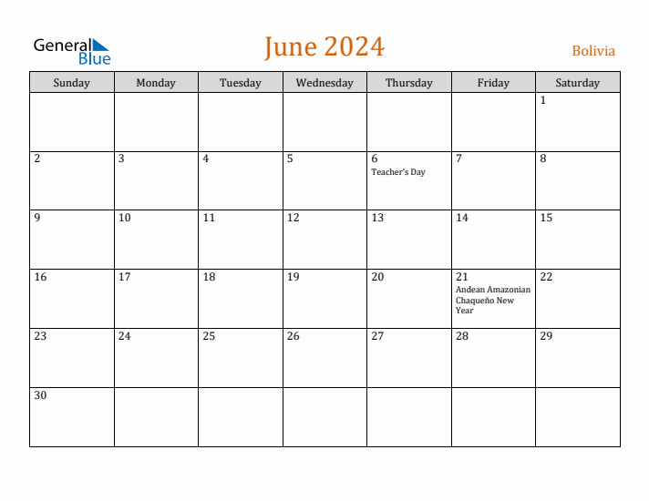 June 2024 Holiday Calendar with Sunday Start