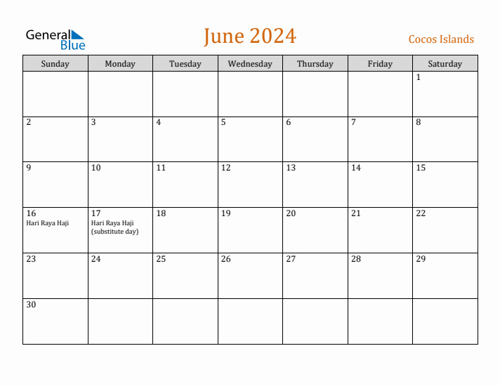 June 2024 Holiday Calendar with Sunday Start