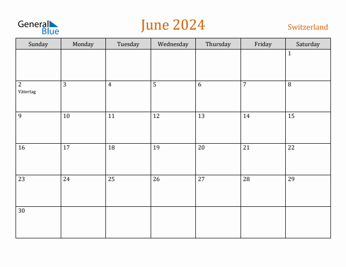 June 2024 Holiday Calendar with Sunday Start