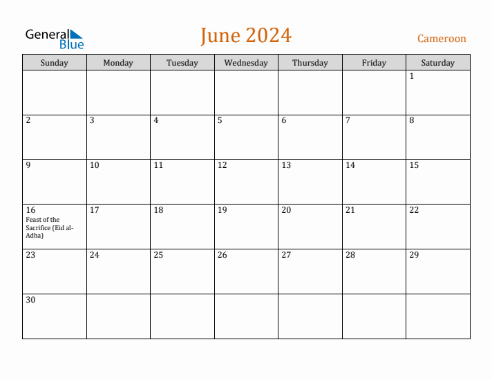 June 2024 Holiday Calendar with Sunday Start