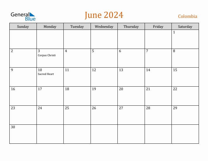 June 2024 Holiday Calendar with Sunday Start