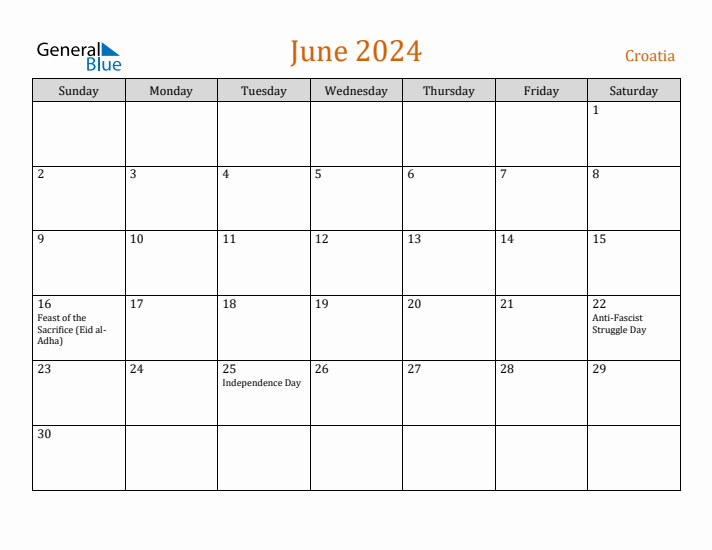 June 2024 Holiday Calendar with Sunday Start