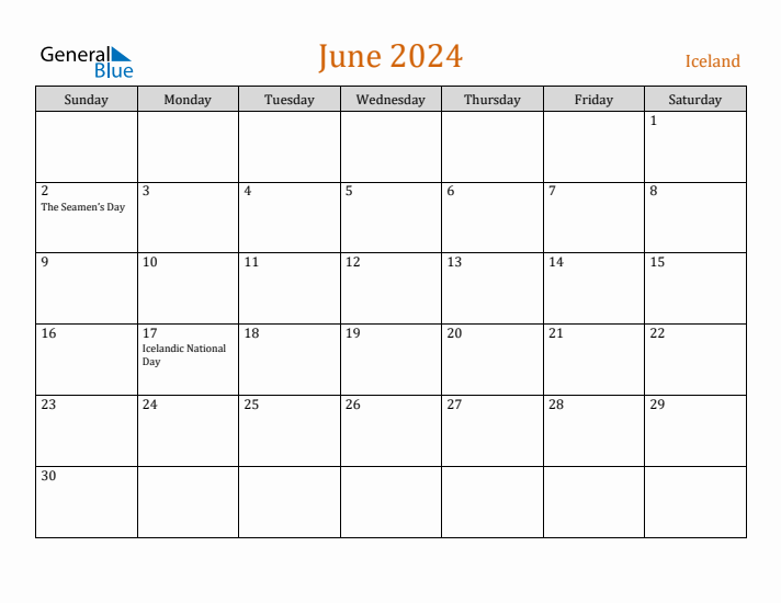 June 2024 Holiday Calendar with Sunday Start