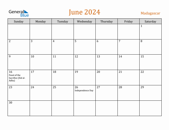 June 2024 Holiday Calendar with Sunday Start