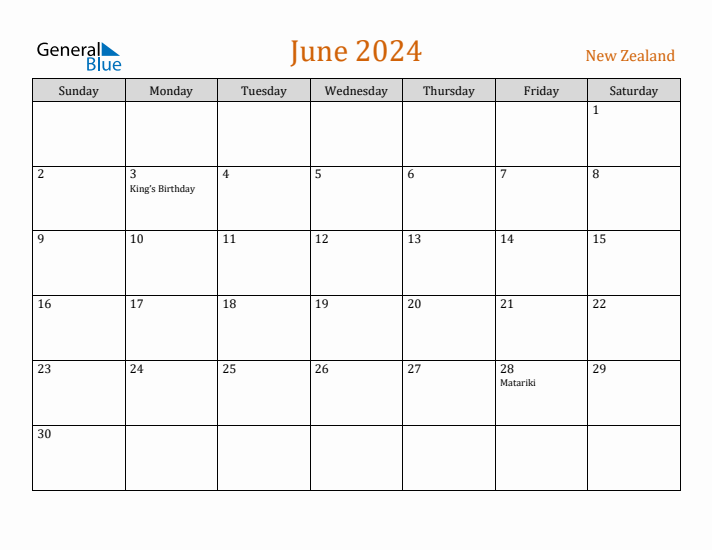 June 2024 Holiday Calendar with Sunday Start