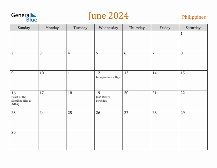 June 2024 Holiday Calendar with Sunday Start