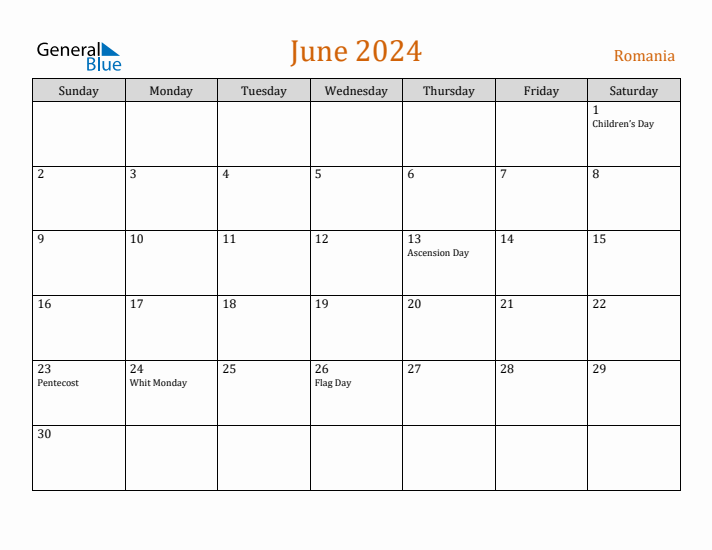 June 2024 Holiday Calendar with Sunday Start