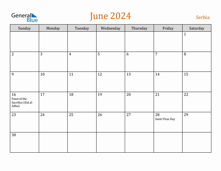 June 2024 Holiday Calendar with Sunday Start