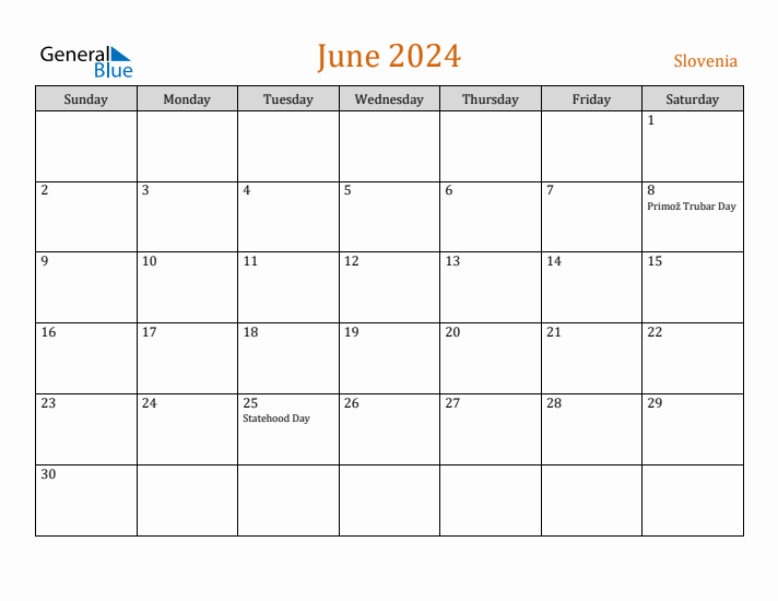 June 2024 Holiday Calendar with Sunday Start