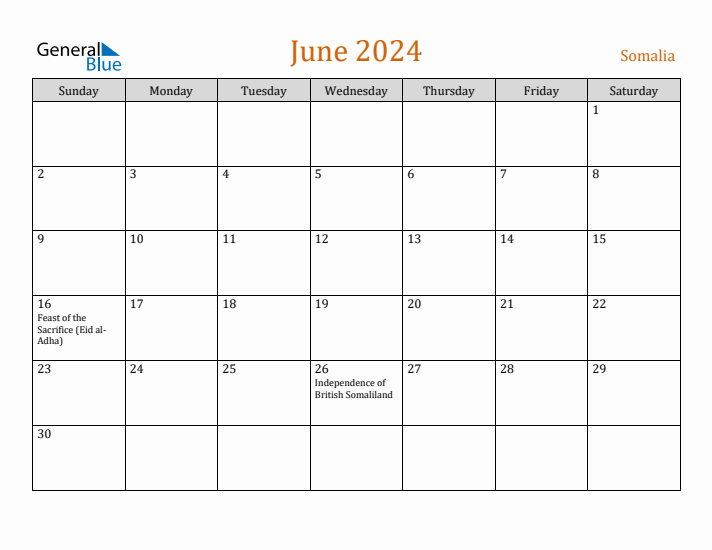 June 2024 Holiday Calendar with Sunday Start