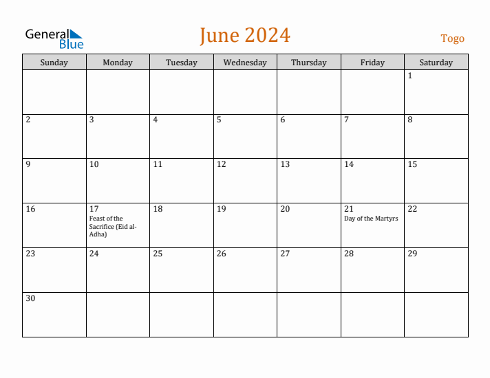 June 2024 Holiday Calendar with Sunday Start