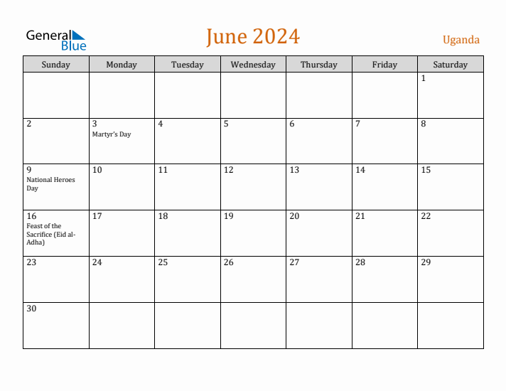 June 2024 Holiday Calendar with Sunday Start